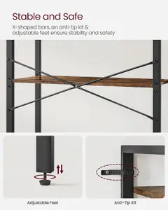 VASAGLE 5 Tier Shelf Bookcase, Storage Unit, with Steel Frame, for Any Spaces, Industrial, Rustic Brown and Black