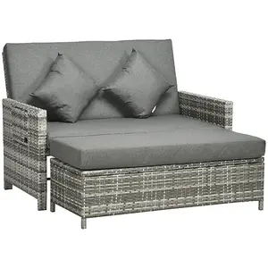 Grey Rattan 2 Seater Sofa Sun Lounger Bed / Stylish Comfort for Outdoor Relaxation