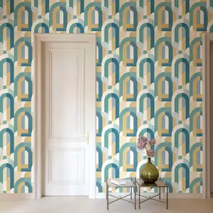 Grandeco Geometric  Arc Textured Wallpaper, Blue