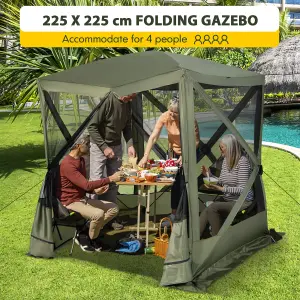 Costway 225 cm x 225 cm 4-Panel Pop up Camping Gazebo Instant Setup Screen House Gazebo Tent with 2 Sunshade Cloths