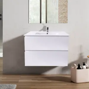 Rinse Bathrooms 800mm Bathroom Wall Hung Vanity Unit 2 Soft Close Drawers Basin Cabinet Storage Gloss White