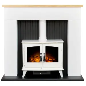 Adam Innsbruck Stove Fireplace in Pure White with Woodhouse Electric Stove in White, 45 Inch