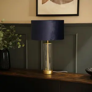 Simonetta Matt Gold and Clear Tube Table Lamp with Blush Velvet Reni Shade and 6W GLS Warm White Bulb Gold / Navy / No