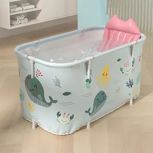 Sky Blue Ocean Large Portable Folding Bathtub Family Soaking Tub with Cushion for Small Bathroom 120cm