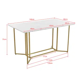 Unique Metal Frame Rectangular Dining Table in Modern Marble Pattern Kitchen Table with Adjustable Feet, White/Golden