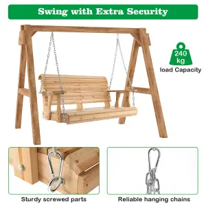 Costway 2-Person Porch Hanging Swing Chair Wooden Garden Swing Bench W/ Cup Holders