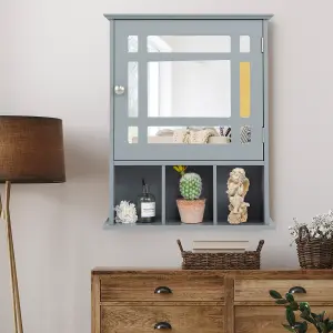 Costway Bathroom Wall Storage Cabinet Wooden Hanging Medicine Organizer W/ Mirror Grey