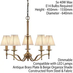 Avery Ceiling Pendant Chandelier Light 5 Lamp Antique Brass & Beige Pleat Shade