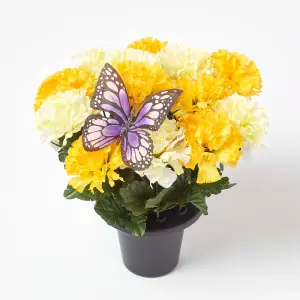 Homescapes Set of 2 Yellow & Pink Carnation Artificial Flowers with Butterfly Decoration in Grave Vases