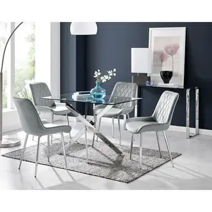 Lenworth Glass Rectangular Dining Table Set with 4 Luxury Velvet Chairs Grey/Silver / Silver