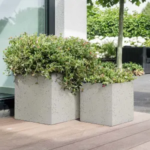 Set of 2 IDEALIST™ 40cm Square Planter, Flower Box Garden Planters, Grey Marble Effect Outdoor Plant Pots, 65L