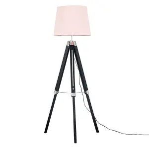 ValueLights Clipper Black Wood and Silver Chrome Tripod Floor Lamp with Pink Light Shade Complete with 6w LED GLS Bulb