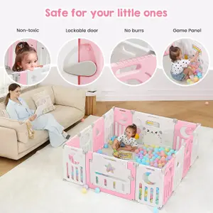 12+2 Panel Baby Foldable Playpen with Safety Gate 25 Sq.ft - Pink White