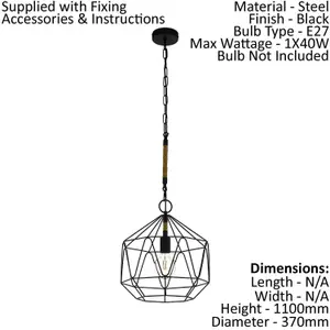 Hanging Ceiling Pendant Light Black Cage & Rope Chain 1x 40W E27 Feature Lamp