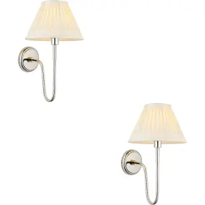 2 PACK Indoor Bright Nickel Plate Wall Light - Ivory Silk Shade - Dimmable 10W LED E27