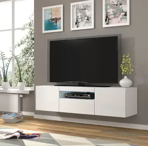 Aura Modern TV Cabinet 150cm in White Gloss with Blue LED Lighting - W1500mm x H36-420mm x D370mm