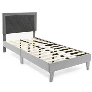 Costway Single Size Bed Frame Velvet Upholstered Platform Bed Slat with High Headboard