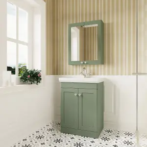 Traditional Floor Standing 2 Door Vanity Unit with 1 Tap Hole Fireclay Basin, 600mm - Satin Green