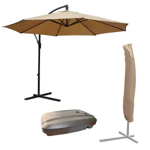 KCT Garden Parasol 3.5m Large Mocha Cantilever with Protective Cover and Base