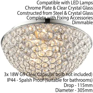 Flush Bathroom Ceiling Light Crystal Bead Dome Shade IP44 Round Lamp Bulb Holder