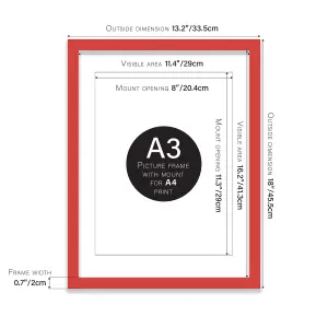 A3 Red Picture Frame With Mount for A4 (21 x 29.7cm -8.3 x 11.7in) Poster, Photo, Artwork, or Print.