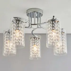 Semi Flush Ceiling Light Chrome Glass Drops 5 Bulb Hanging Pendant Lamp Shade