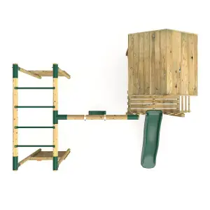 Rebo Orchard 4ft Wooden Children's Playhouse, Swings, Monkey Bars, Deck & 6ft Slide - Single Swing - Solar Green