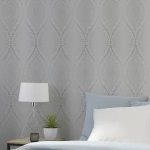 Celosi Grey Metallic effect Damask Textured Wallpaper Sample