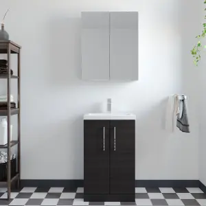 Compact Floor Standing 2 Door Vanity Basin Unit with Polymarble Basin - 500mm - Woodgrain Charcoal Black