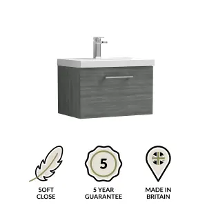 Wall Hung 1 Drawer Vanity Unit with Mid-Edge Ceramic Basin, 600mm - Woodgrain Anthracite