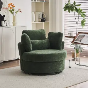 Chenille Swivel Armchair with 3 Back Cushion Pillow Ottoman Crescent Stool, Green