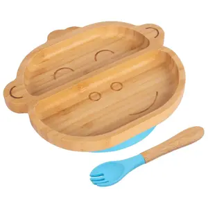 Bamboo Monkey Baby Weaning Plate & Fork Set - Blue