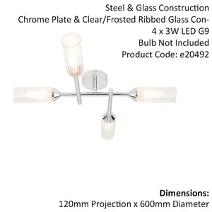 Chrome Semi Flush Bathroom Ceiling Light - Ribbed & Frosted Glass - 4 Bulb