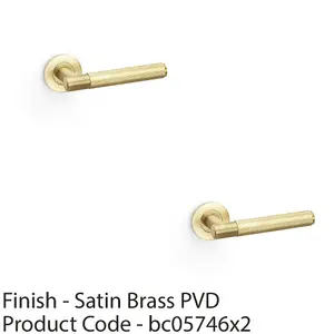 2 PACK - SOLID BRASS Knurled Door Handle Set - Satin Brass Straight Lever on Round Rose