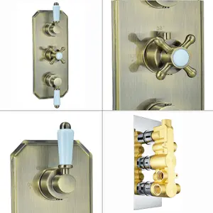 ENKI Regent Antique Brass Crosshead 3-Outlet Solid Brass Thermostatic Triple Shower Valve TSV070