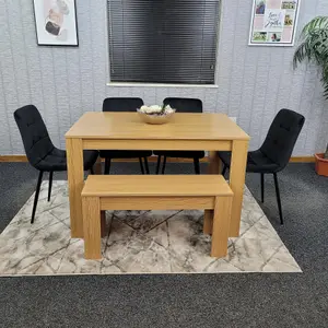 Dining Table and 4 Chairs With Bench Oak Effect Wood 4 Black Velvet  Chairs Dining Room