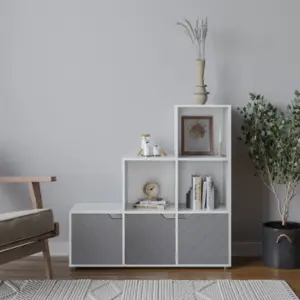 URBNLIVING 90cm Height White 6 Cube Step Shelving Unit With Grey Line Doors