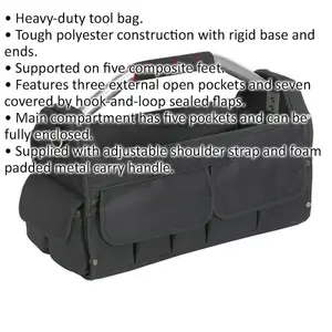 15 Pocket Heavy-Duty Open Tool Bag with Rigid Base - 485mm x 250mm x 350mm - Black