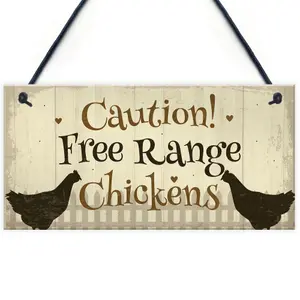 Red Ocean Caution Free Range Chickens Garden Signs Funny Novelty Hanging Sign Chicken Hen Sign