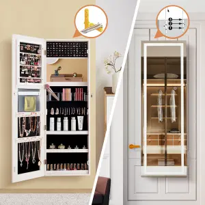 Costway Lockable Jewelry Storage Cabinet Wall-mounted LED Jewelry Armoire w/Full Mirror