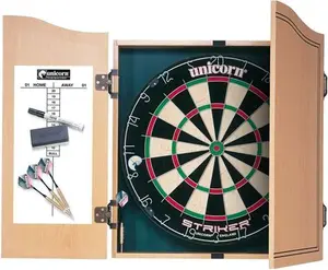 UNICORN Dartboard & Cabinet | Striker | Sisal Bristle Board & Wooden Cabinet With Shaped Doors | With 2 Sets Of Darts, Marker Pen, Wiper & Checkout