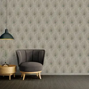 Galerie Absolutely Chic Blue Brown Grey Peacock Feather Motif Smooth Wallpaper