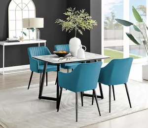 Furniturebox UK Carson White Marble Effect Dining Table & 4 Blue Calla Black Leg Chairs