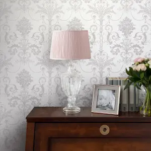 Laura Ashley Josette Dove grey & white Damask Smooth Wallpaper Sample