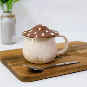 Stoneware Mug Mushroom Lid Novelty Cup Unique Decorative Drinkware Brown 400ml