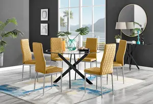 Furniturebox UK Novara Black Leg 120cm Round Glass Dining Table & 6 Mustard Velvet Milan Chairs