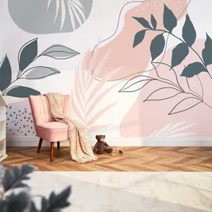 Boho Botanicals Mural In Pink And Teal (300cm x 240cm)