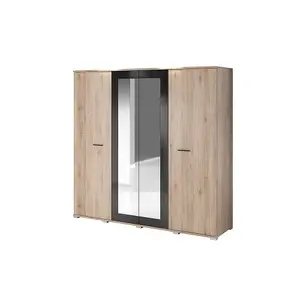 Stylish Bari Mirrored Hinged Door Wardrobe W2000mm H1960mm D580mm - Oak San Remo & Black Finish