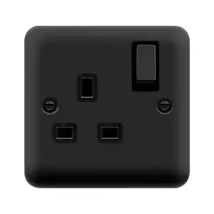 Curved Matt Black 1 Gang 13A DP Ingot Switched Plug Socket - Black Trim - SE Home