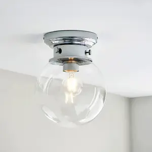 Decorative Flush Bathroom Ceiling Light Fitting - Clear Glass Shade - Dimmable